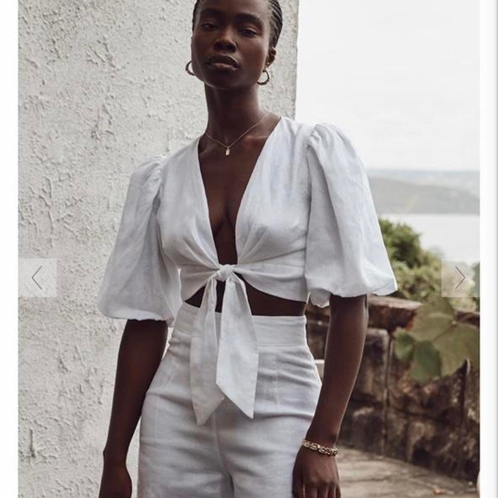 DISSH | Hallie Linen Top Women 4 White Puff Sleeve Tie Front Crop Blouse Boho